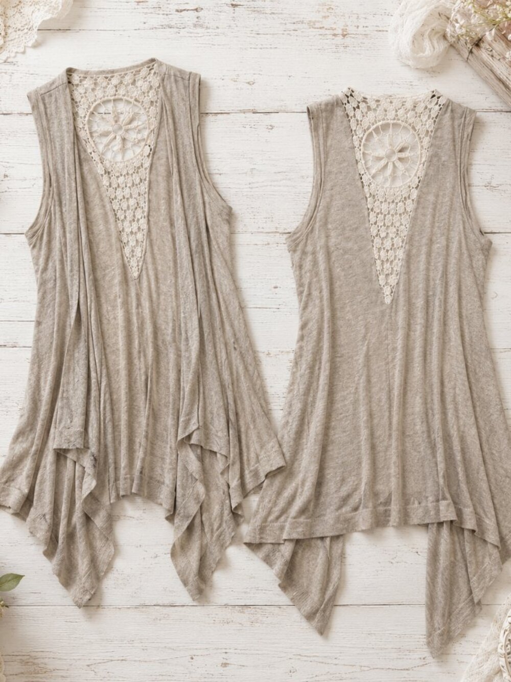 Maurices Tan Lightweight Vest Size L Cream Crochet Accent Boho Draped Hem